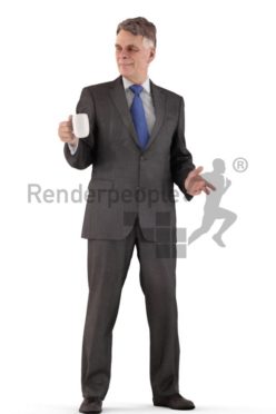 3d people business, best ager man standing and drinking coffee
