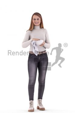 Photorealistic 3D People model by Renderpeople – white female in casual outfit, doing the dishes