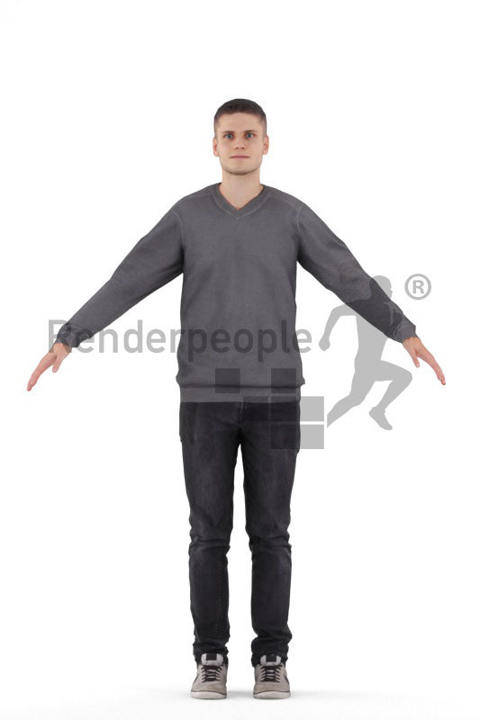 Rigged human 3D model by Renderpeople – european man in casual pullover and jeans