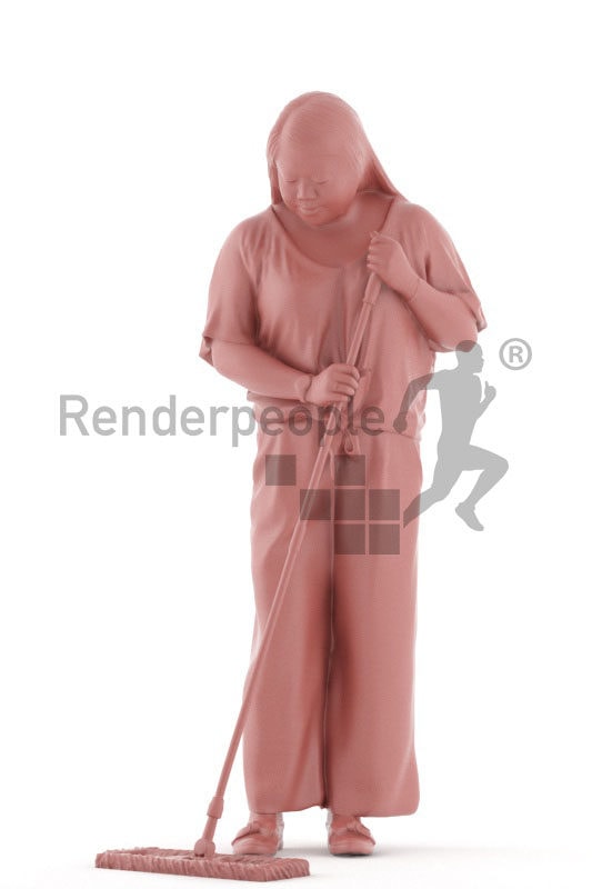 3D People model for 3ds Max and Cinema 4D – asian woman in casual spring look, mopping, wiping