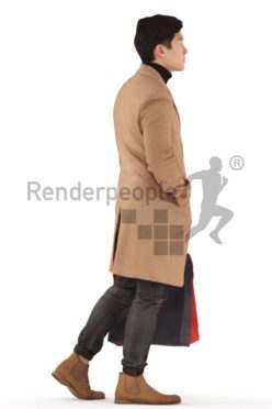 3d people casual, asian 3d man standing, waiting with his briefcase
