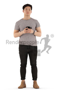 3d people casual, asian 3d man standing and drinking coffee