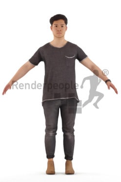 3d people casual, rigged young asian man in A Pose