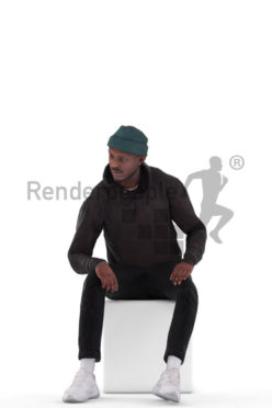 Animated 3D People model for realtime, VR and AR – black man in casual streetwear, sitting