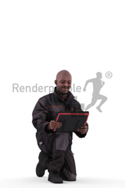 3d people worker, black 3d man crouching and reading