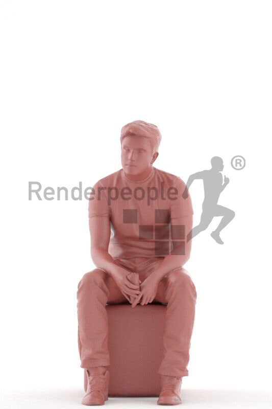 Scanned human 3D model by Renderpeople – european male in casual outfit, sitting and holding energy drink