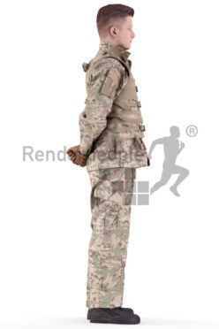 Photorealistic 3D People model by Renderpeople – white man in soldiers outfit, standing and listening