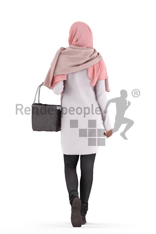 3D People model for 3ds Max and Cinema 4D – woman with hijab, walking with a basket