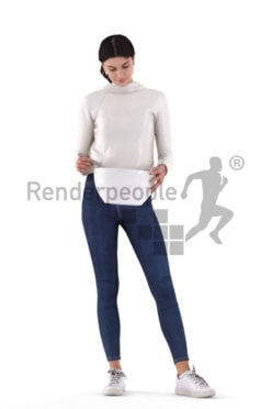 Posed 3D People model by Renderpeople – whitw woman, casual, mixing something in a bowl