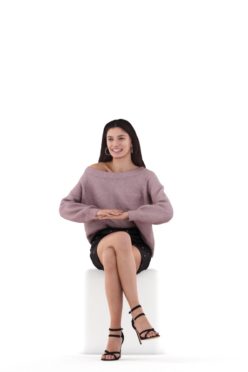 Posed 3D People model for renderings – white woman, event outfit, sitting and talking