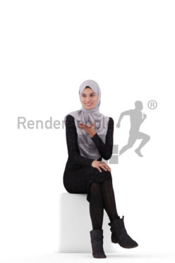 Posed 3D People model for renderings – woman with hijab, sitting and interacting