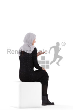 Posed 3D People model for renderings – woman with hijab, sitting and interacting