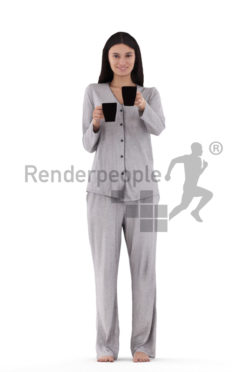 Posed 3D People model for visualization, white woman with sleepwear, offering coffee