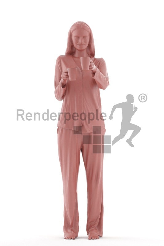 Posed 3D People model for visualization, white woman with sleepwear, offering coffee