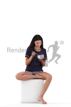 Photorealistic 3D People model by Renderpeople, white woman in sleepwear, sitting and eating