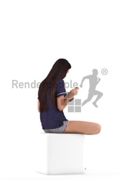 Photorealistic 3D People model by Renderpeople, white woman in sleepwear, sitting and eating