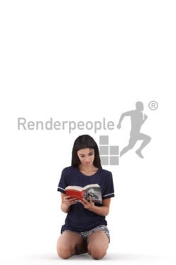 Scanned human 3D model by Renderpeople – white woman, crouching and reading a book