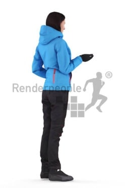 Posed 3D People model for renderings – white woman in skiing clothes, standing and communicating