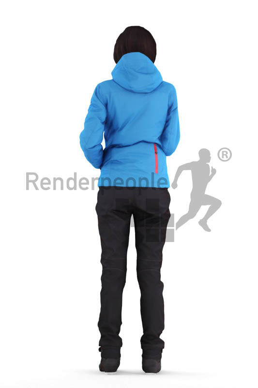 Posed 3D People model for renderings – white woman in skiing clothes, standing and communicating