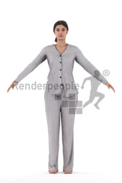 Rigged and retopologized 3D People model, white woman, sleepwear