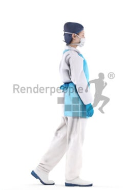 Posed 3D People model by Renderpeople – asian woman in medical safety clothes, walking